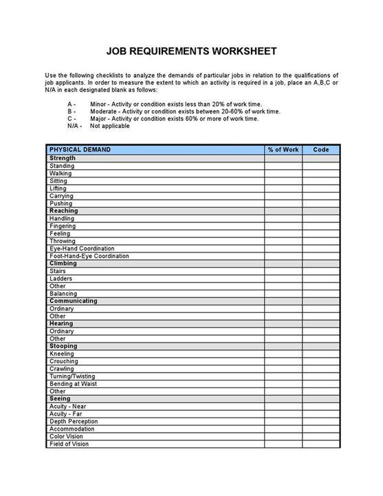 Worksheet Job20requirements 1